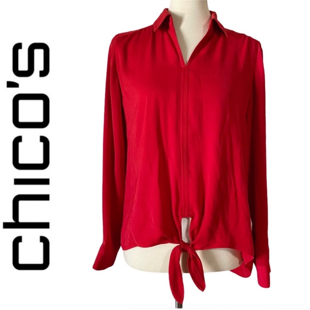 Chico’s Red Tie Front Button Up Long Sleeve Shirt
